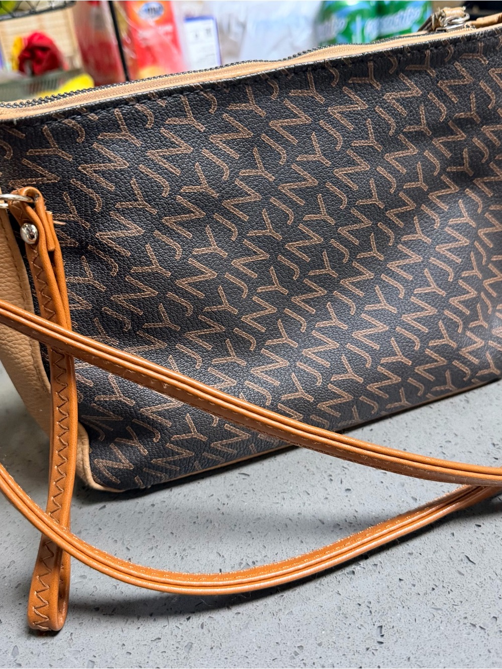 Jones New York Brown Monogram Crossbody with Tan Straps